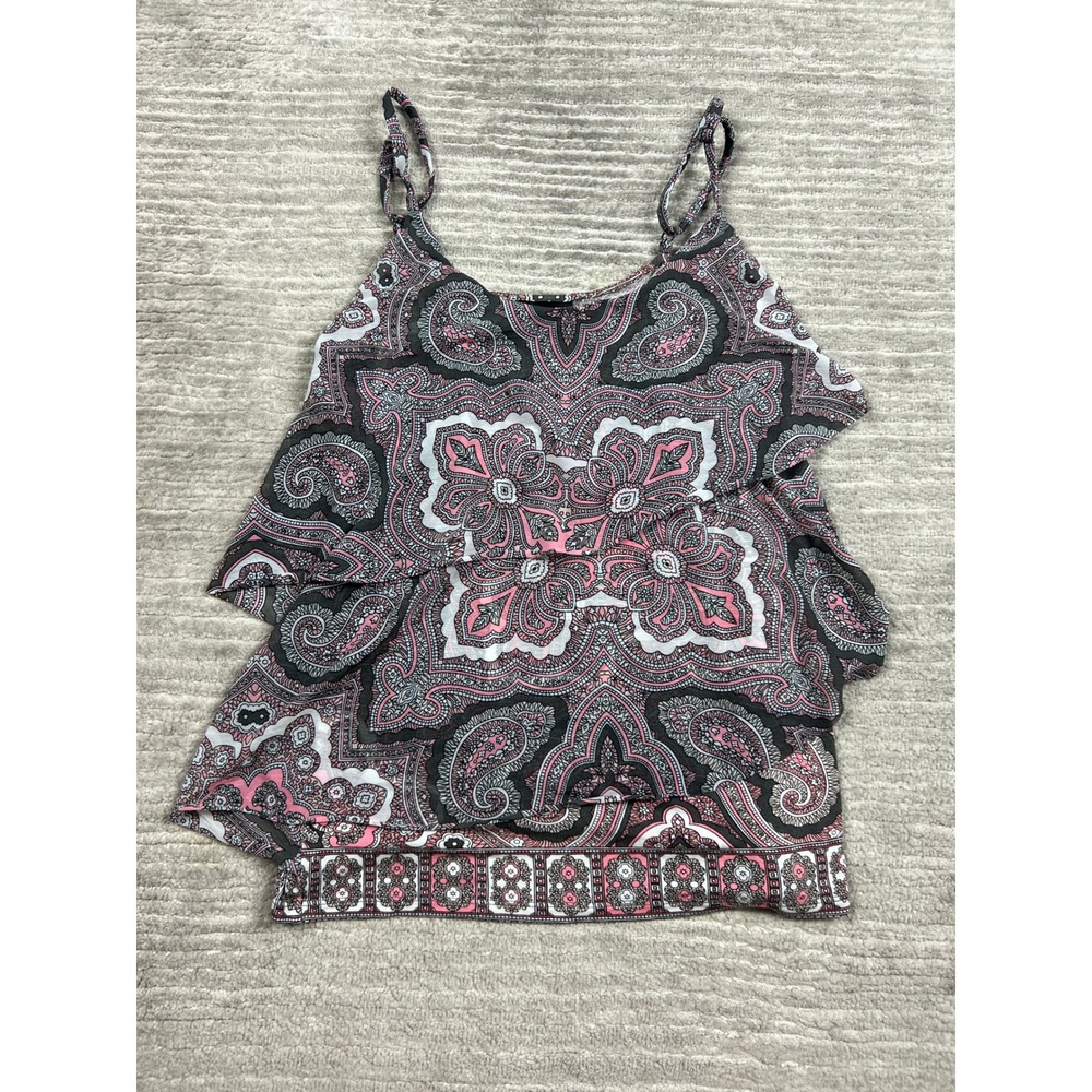 INC Tank Top Women Medium Pink Paisley Tiered Ruffle Adjustable Spaghetti Straps